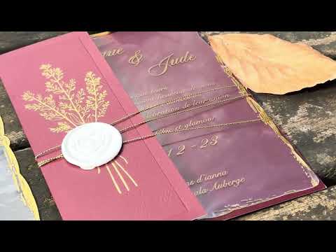 Clear Acrylic Wedding Invitation with Gold Print, Burgundy Envelope & White Wax Seal
