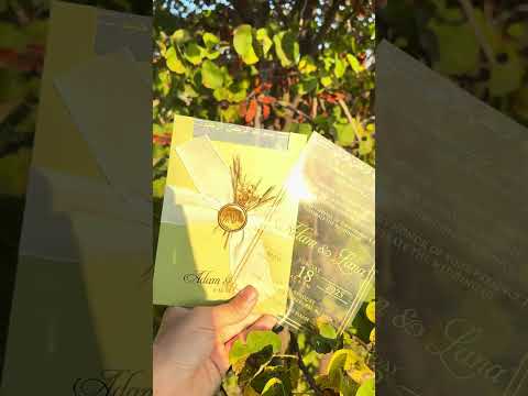 Clear Acrylic Wedding Invitation with Gold Print, Light Green Envelope, White Ribbon, Gold Wax Seal & Dried Flowers