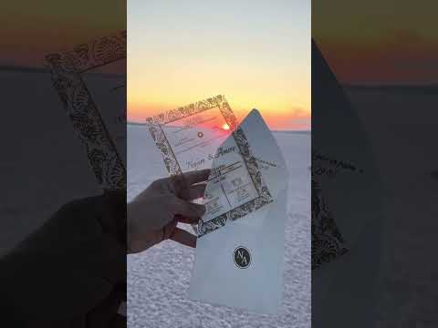 Clear Acrylic Wedding Invitation with Baroque Gold Foil & White Monogram Envelope