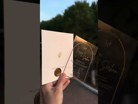 Clear Acrylic Wedding Invitation with Gold Print, White Envelope, Gold Wax Seal & Dried Flower