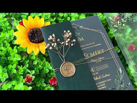 Frosted Acrylic Wedding Invitation with Green Envelope, Gold Print & Wax Seal