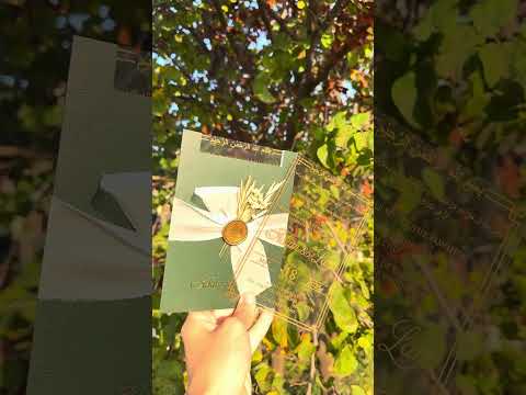 Clear Acrylic Wedding Invitation with Gold Print, Green Envelope, White Ribbon, Gold Wax Seal & Dried Flowers
