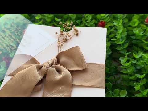 Acrylic Wedding Invitation with Gold Print, White Envelope, Large Satin Bow & Dried Flower
