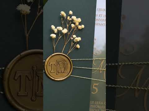 Arch Acrylic Wedding Invitations with Green Envelope, Gold Foil & Wax Seal