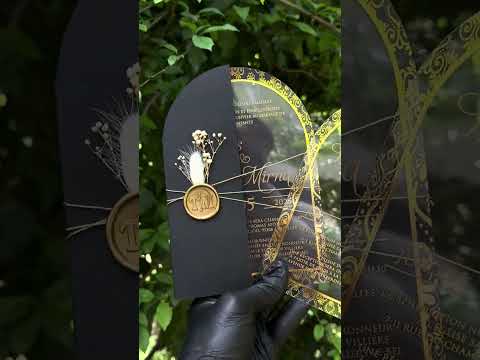 Arched Acrylic Wedding Invitation with Gold Ornate Frame and Black Envelope