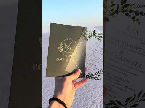 Clear Acrylic Wedding Invitation with Green Botanical Design & Dark Green Envelope