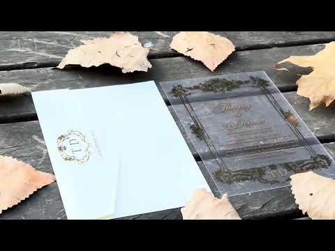 Frosted Acrylic Wedding Invitation with Gold Baroque Design & White Envelope