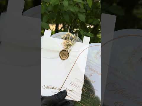 Clear Acrylic Arch Wedding Invitation with White Ribbon & Gold Wax Seal
