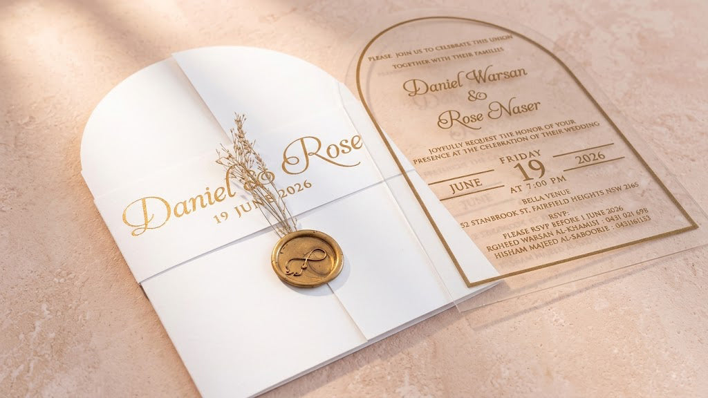 Angled view of the white invitation set, with the sealed gatefold cover on the left and the gold-bordered clear acrylic card on the right.