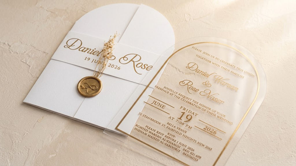 Diagonal view of the white arched cover and clear acrylic card, showing the printed band, round gold-colored wax seal and dried sprigs.