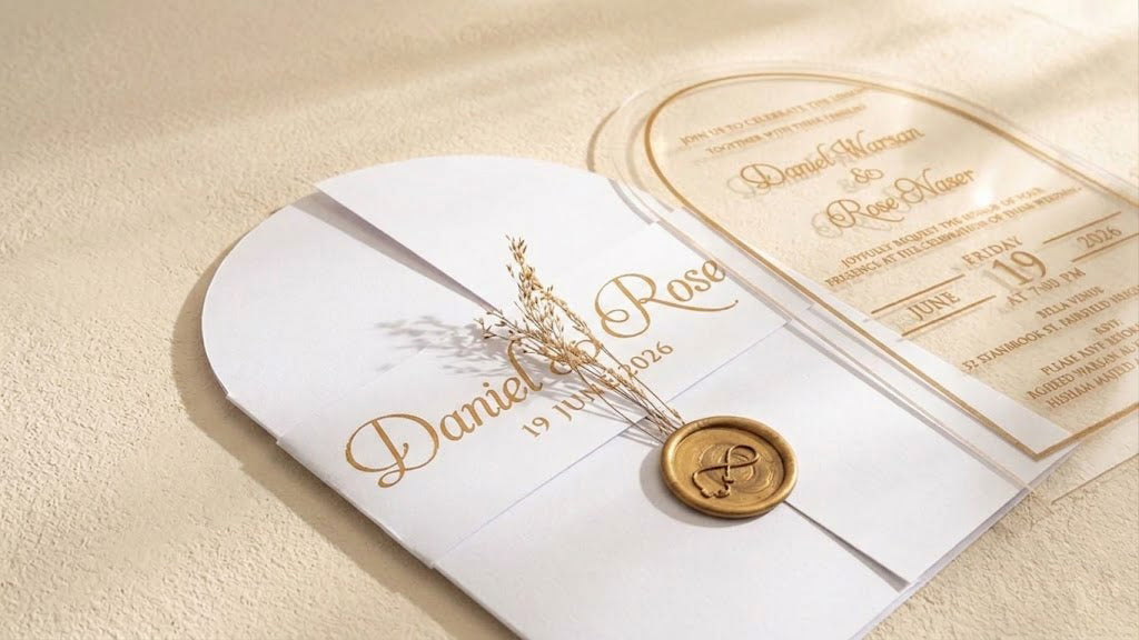 Low angled close-up of the white gatefold cover, emphasizing the gold-colored wax seal, dried sprigs and printed band; the clear card is partly visible.