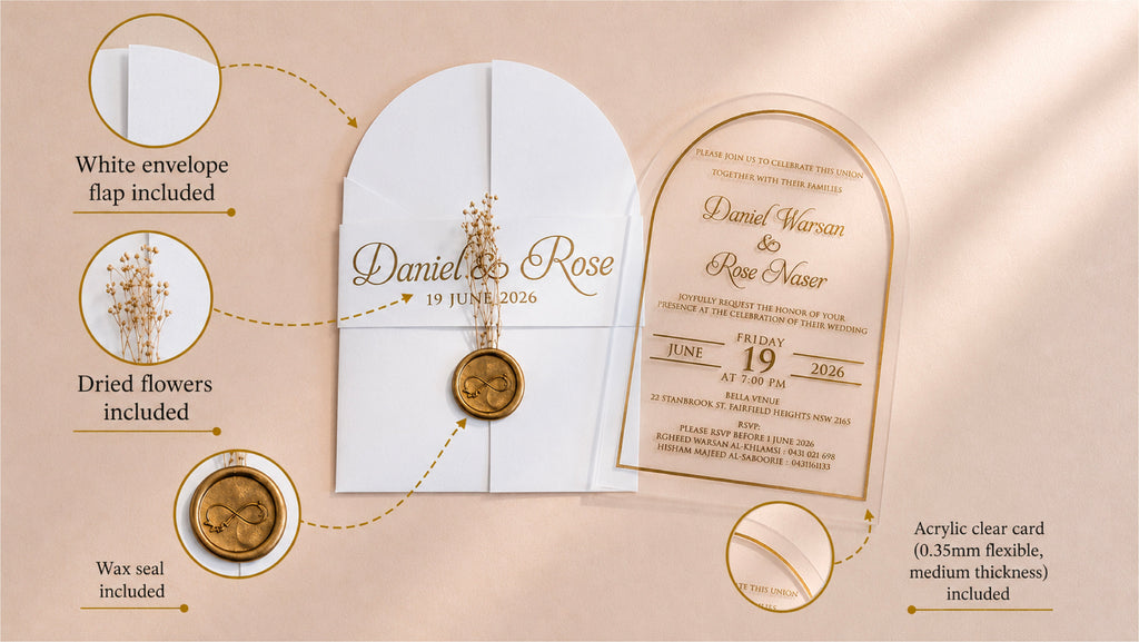 Component guide for the white invitation: arched cover, dried flowers, wax seal and clear acrylic card labeled 0.35 mm thick.
